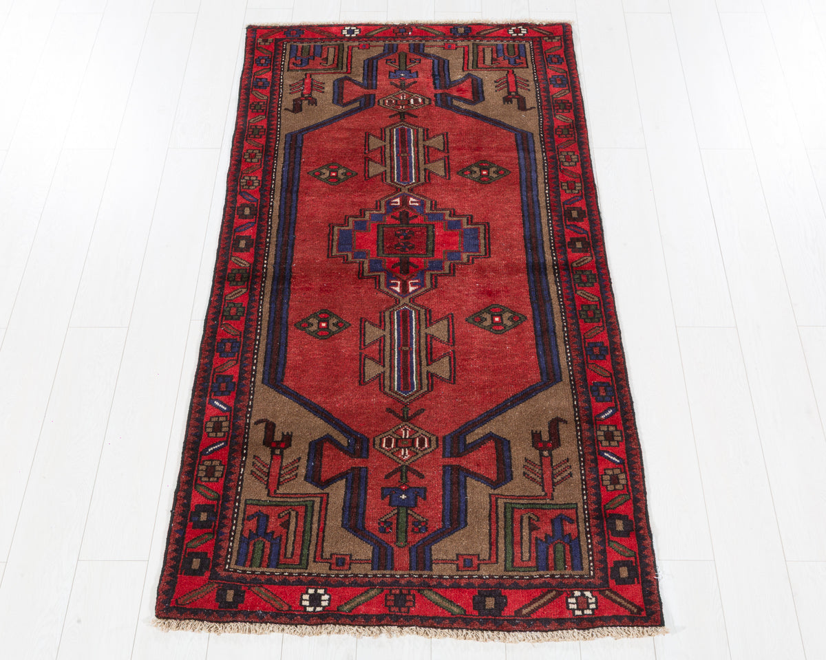 Vintage Zanjan Red and Brown Stepped Geometric Medallion Area Rug, 3x6 – 6' 2" x 3' 3" (189 x 98 cm), SKU 5474
