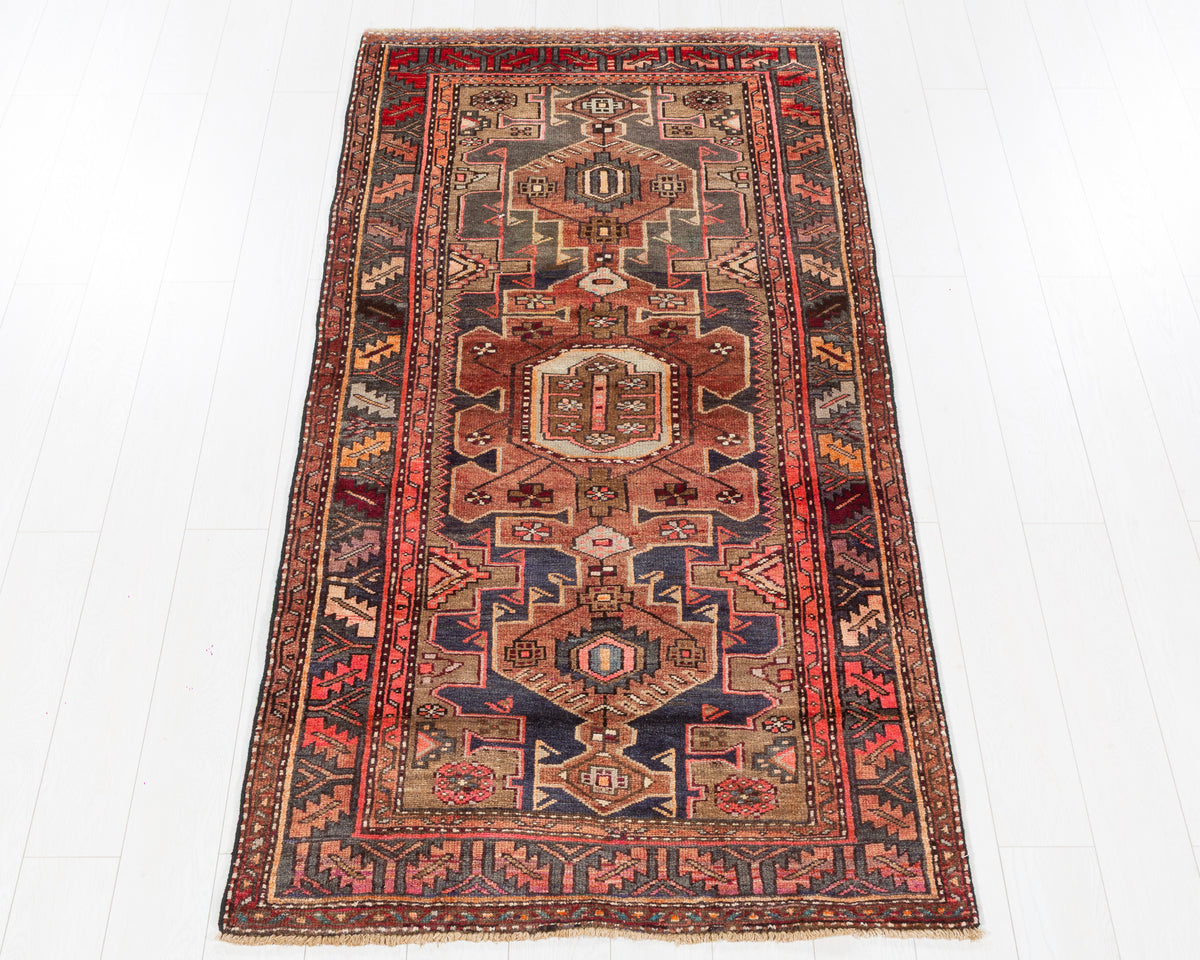 Vintage Tarom Faded Rust Red and Brown Faded Linked Medallions Area Rug, 4x7 – 7' 1" x 3' 7" (215 x 110 cm), SKU 5475