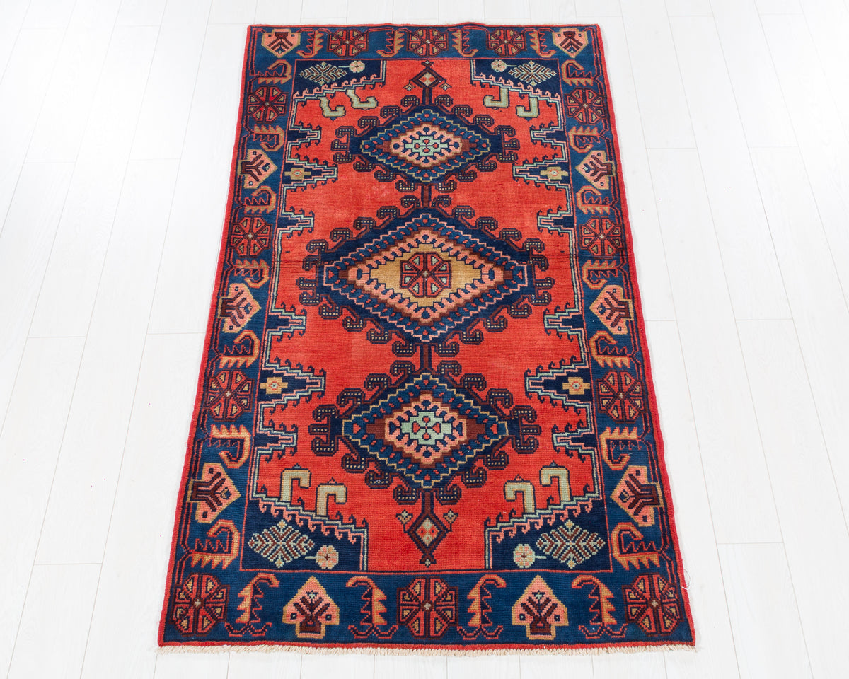 Vintage Viss Orange and Blue Triple Geometric Medallion Area Rug, 4x7 – 6' 7" x 3' 7" (200 x 108 cm), SKU 5486