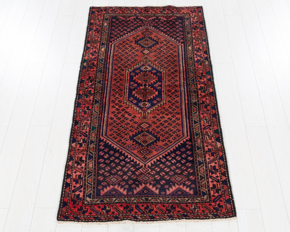 Vintage Zanjan Rust Red and Navy Blue Diamond Medallion Area Rug, 3x7 – 6' 7" x 3' 3" (201 x 100 cm), SKU 5492