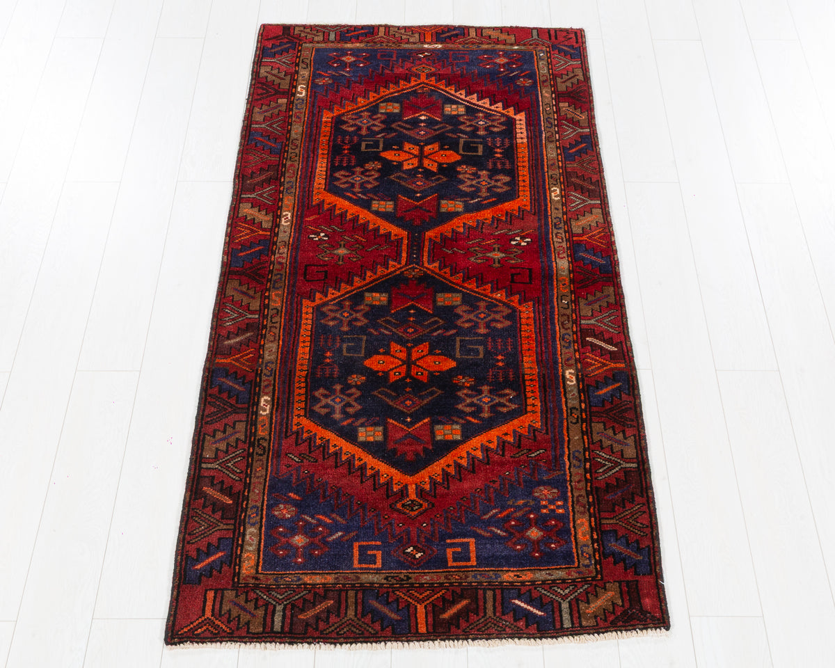 Vintage Tarom Red, Navy Blue, and Orange Double Diamond Medallion Area Rug, 3x6 – 6' 4" x 3' 2" (192 x 97 cm), SKU 5497