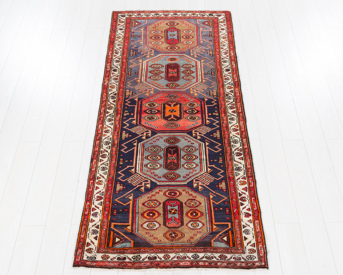 Vintage Tarom Navy Blue, Red, Blue, and Brown Three-Panel Tribal Area Rug, 3x8 – 7' 7" x 3' 5" (230 x 103 cm), SKU 5502