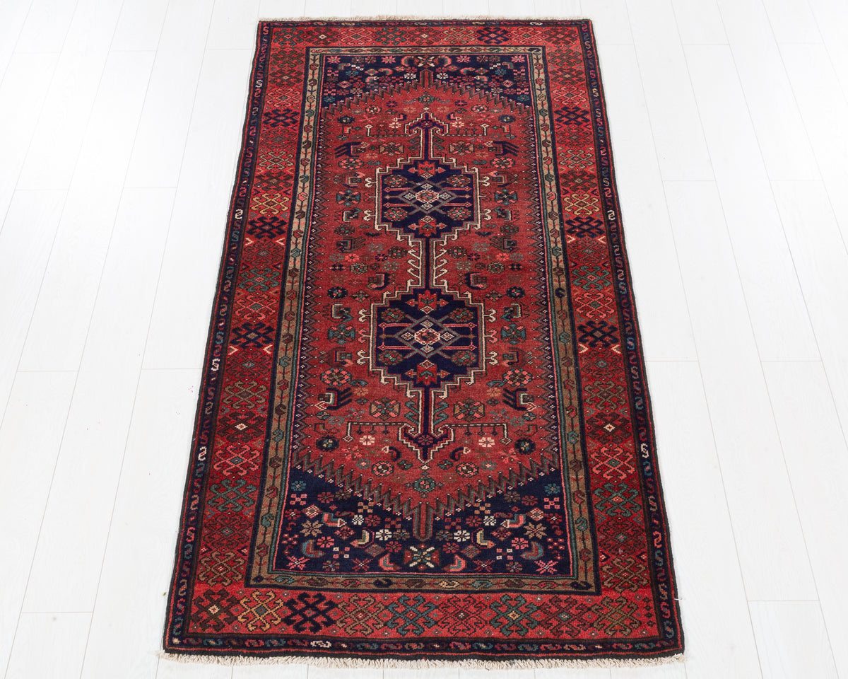Vintage Zanjan Rust Red and Navy Blue Triple Medallion Area Rug, 3x7 – 6' 9" x 3' 5" (205 x 104 cm), SKU 5507