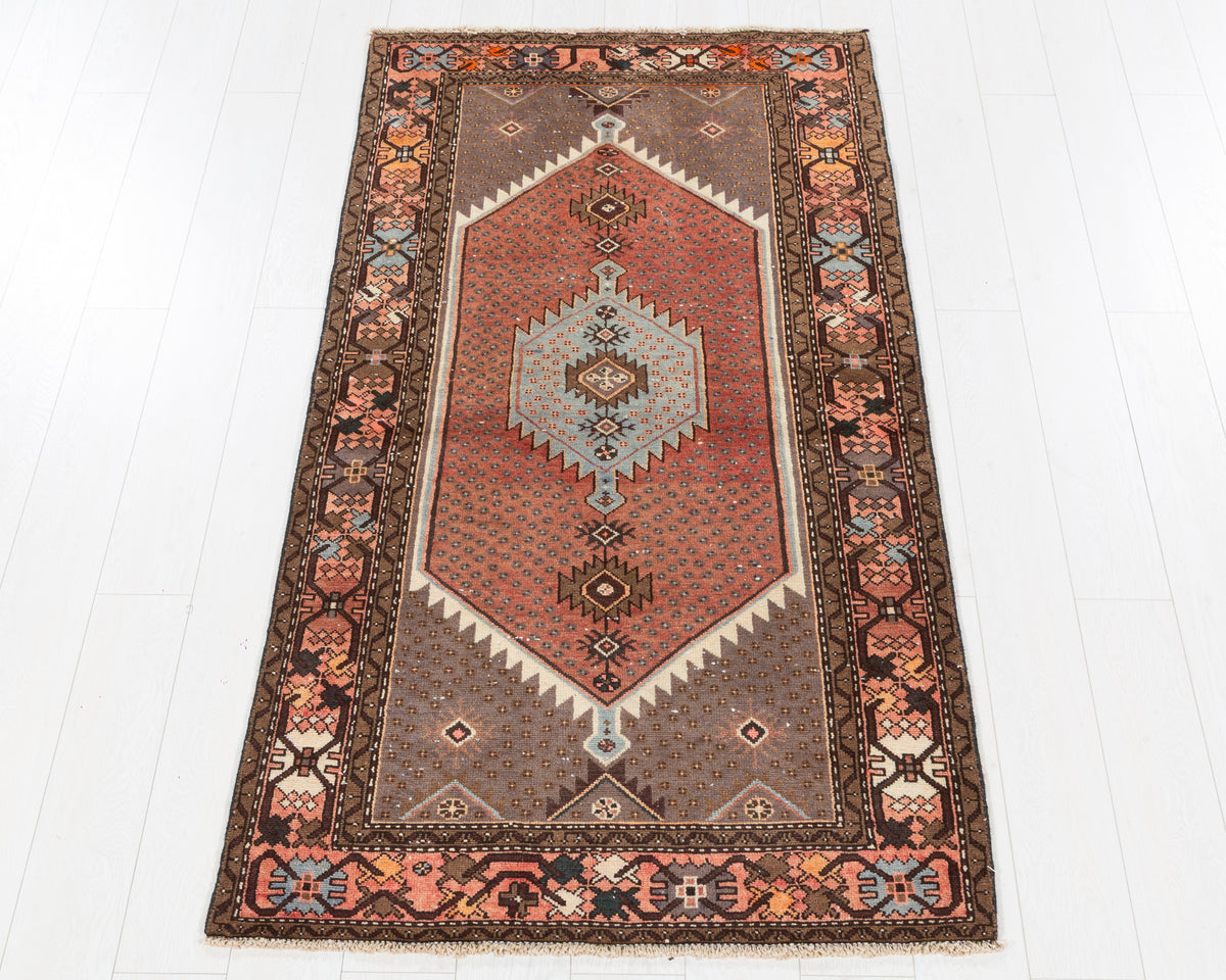 Vintage Zanjan Faded Rust Red and Blue Geometric Medallion Area Rug, 3x6 – 6' 5" x 3' 4" (196 x 101 cm), SKU 5508
