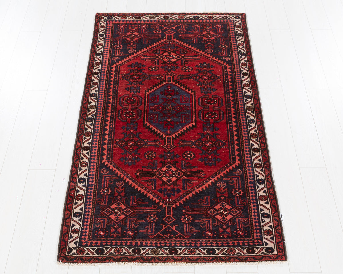 Vintage Zanjan Red and Navy Blue Triple Medallion Area Rug, 4x6 – 6' 5" x 3' 7" (196 x 108 cm), SKU 5509