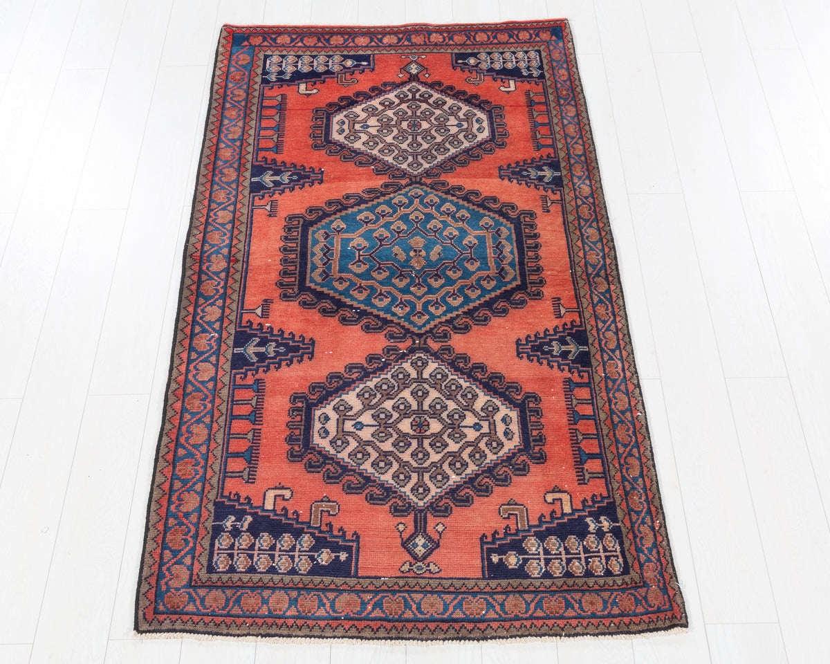 Vintage Viss Orange and Blue Hexagonal Medallion Area Rug, 4x7 – 6' 7" x 3' 7" (200 x 108 cm), SKU 5511