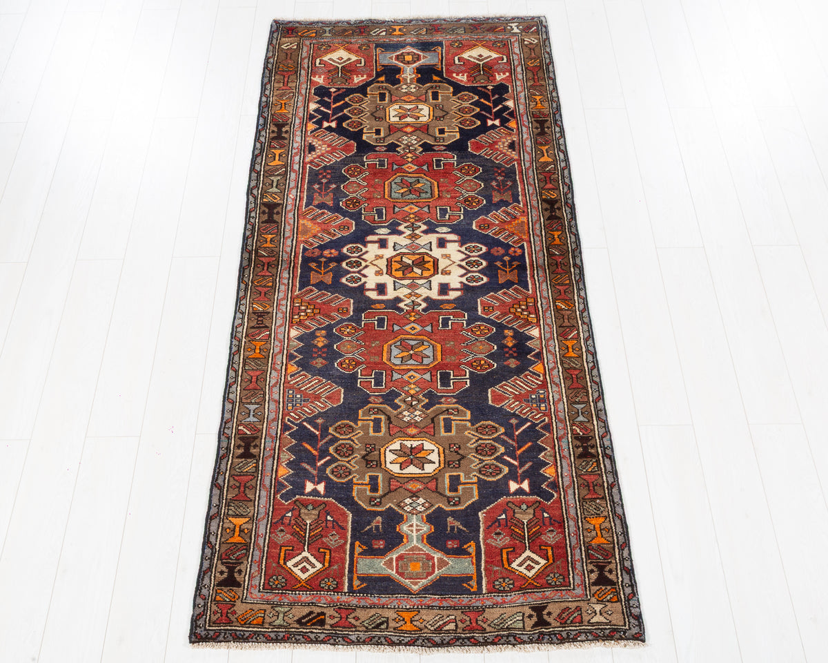 Vintage Tarom Navy Blue, Red, and Brown Allover Geometric Area Rug, 3x7 – 7' 5" x 3' 4" (227 x 102 cm), SKU 5513
