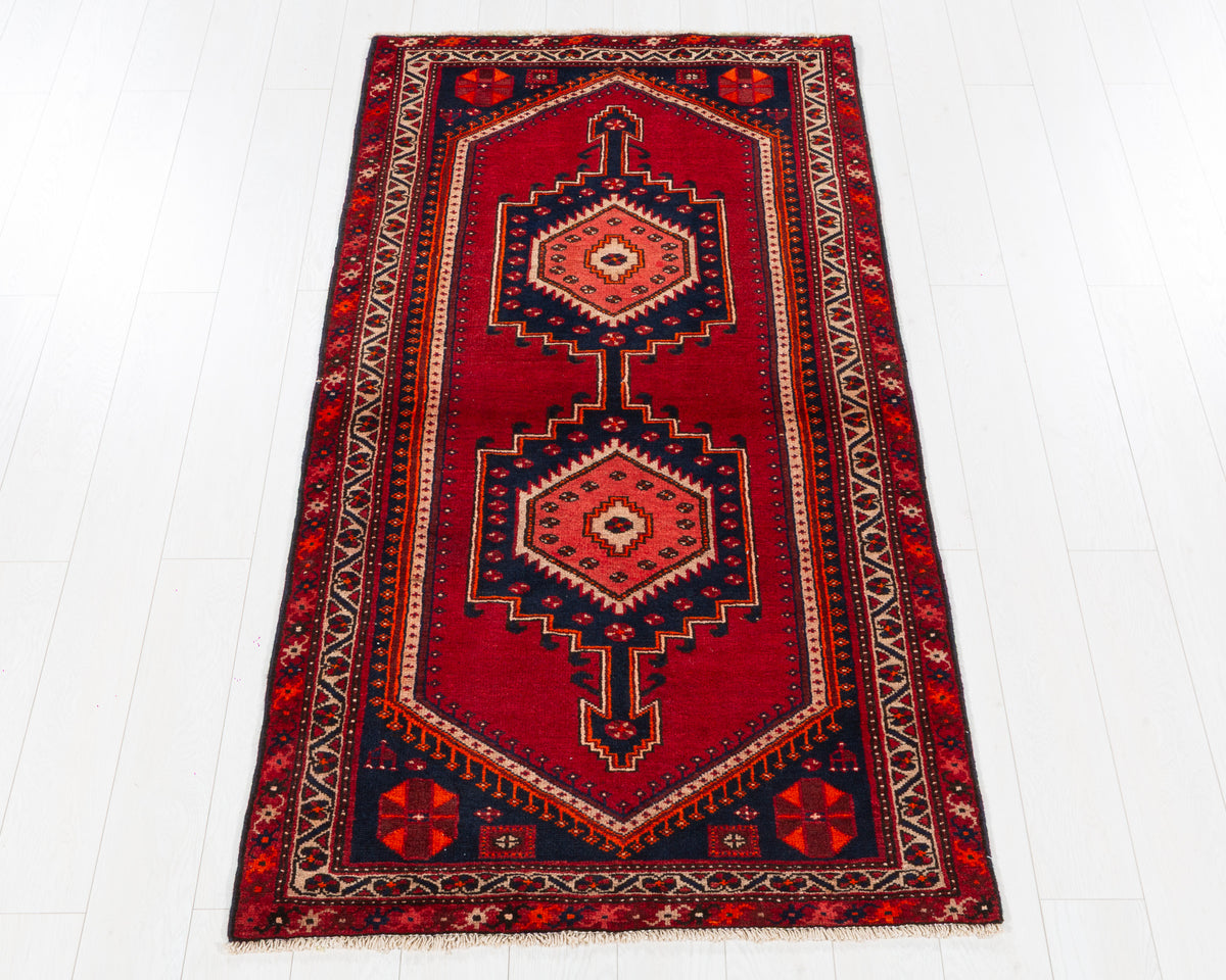 Vintage Zanjan Red and Navy Blue Double Medallion Area Rug, 3x7 – 6' 8" x 3' 5" (202 x 104 cm), SKU 5514