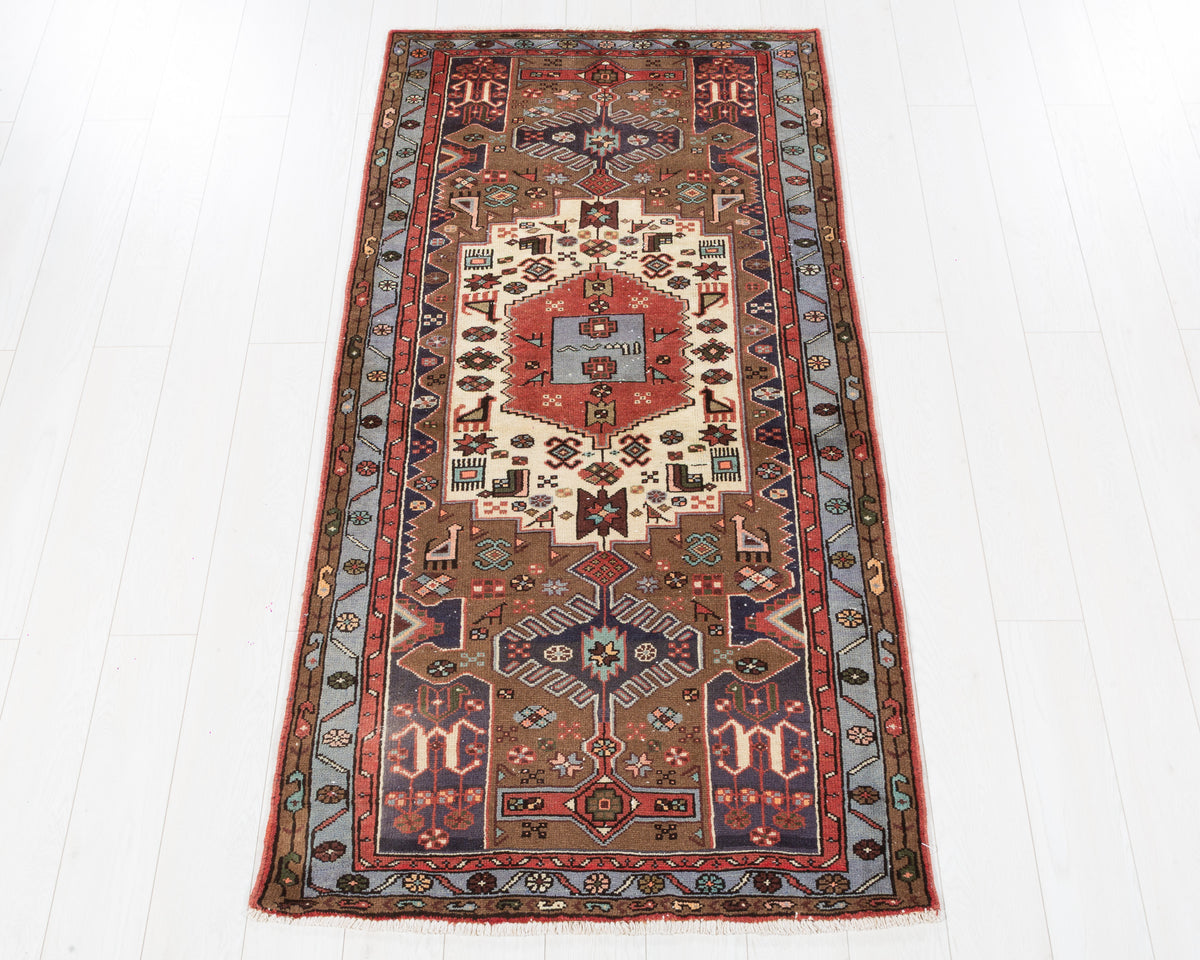 Vintage Tarom Brown and Blue Geometric Medallion Area Rug, 3x6 – 6' 4" x 3' 3" (194 x 98 cm), SKU 5515