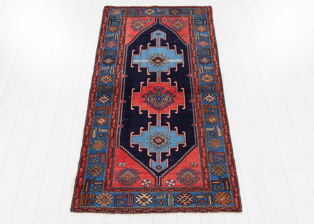 Vintage Tarom Navy Blue, Coral, and Blue Triple Medallion Area Rug, 3x7 – 6' 8" x 3' 5" (203 x 105 cm), SKU 5516