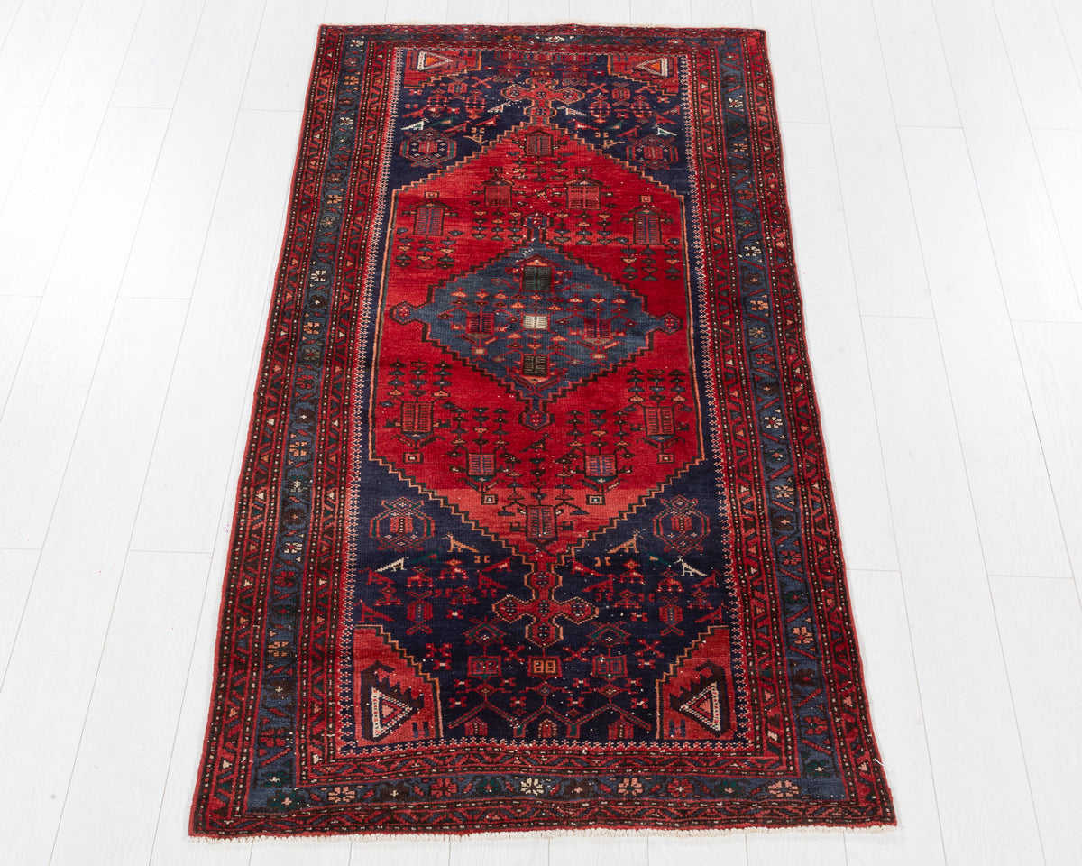 Vintage Zanjan Red and Navy Blue Elongated Medallion Area Rug, 3x7 – 6' 8" x 3' 5" (204 x 104 cm), SKU 5532