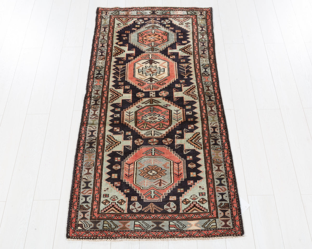 Vintage Tarom Navy Blue and Soft Blue Four Medallion Panel Area Rug, 3x6 – 6' 2" x 2' 11" (187 x 89 cm), SKU 5533