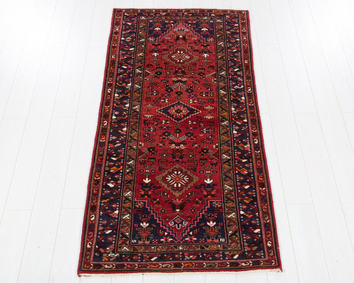 Vintage Zanjan Red and Navy Blue Allover Medallion Area Rug, 3x6 – 6' 4" x 3' 2" (194 x 97 cm), SKU 5537
