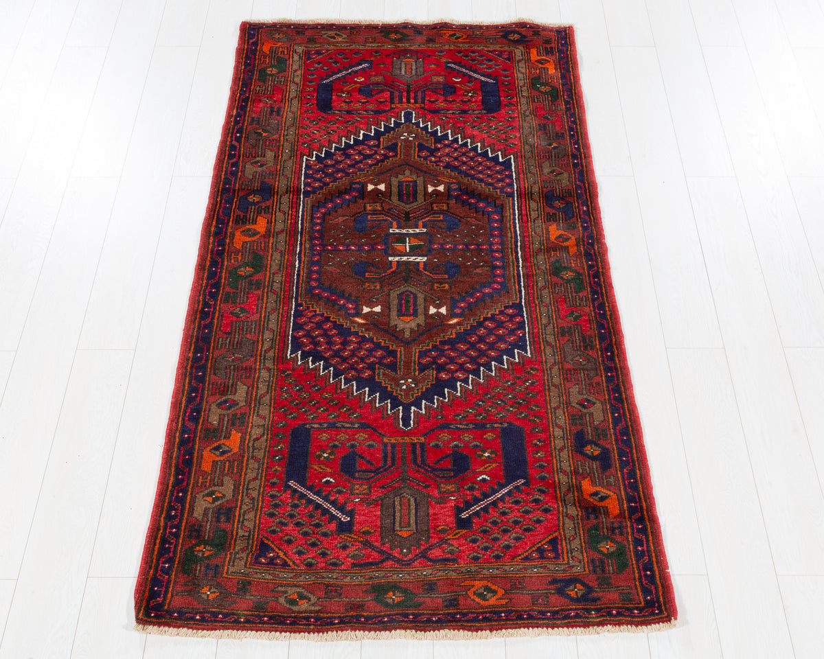 Vintage Zanjan Red, Navy Blue Triple Medallion Geometric Area Rug, 4x6 – 6' 8" x 3' 7" (204 x 109 cm), SKU 5545