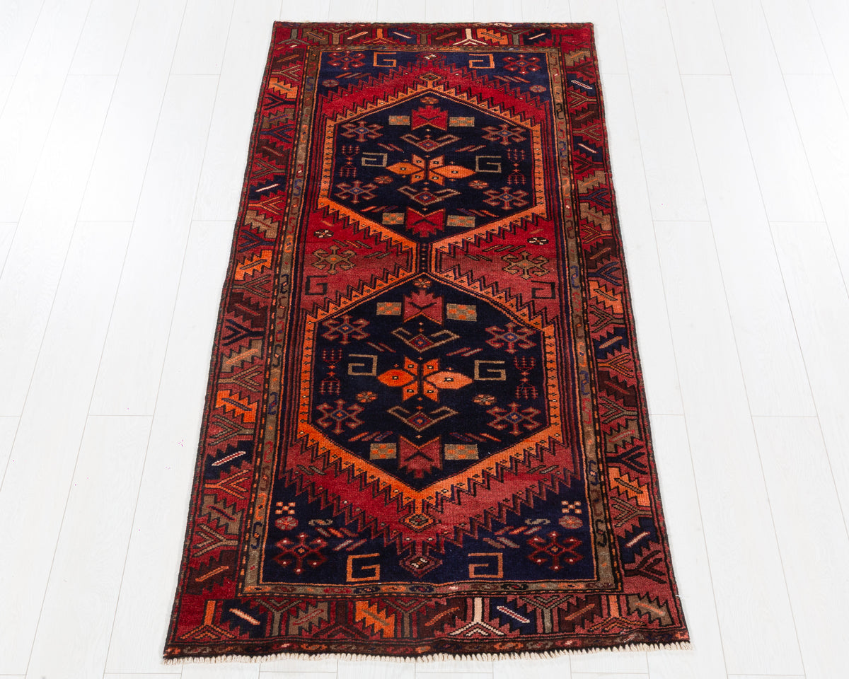 Vintage Tarom Rust Red, Deep Navy Blue, Orange Triple Diamond Medallion Area Rug, 4x6 – 6' 8" x 3' 2" (202 x 97 cm), SKU 5549