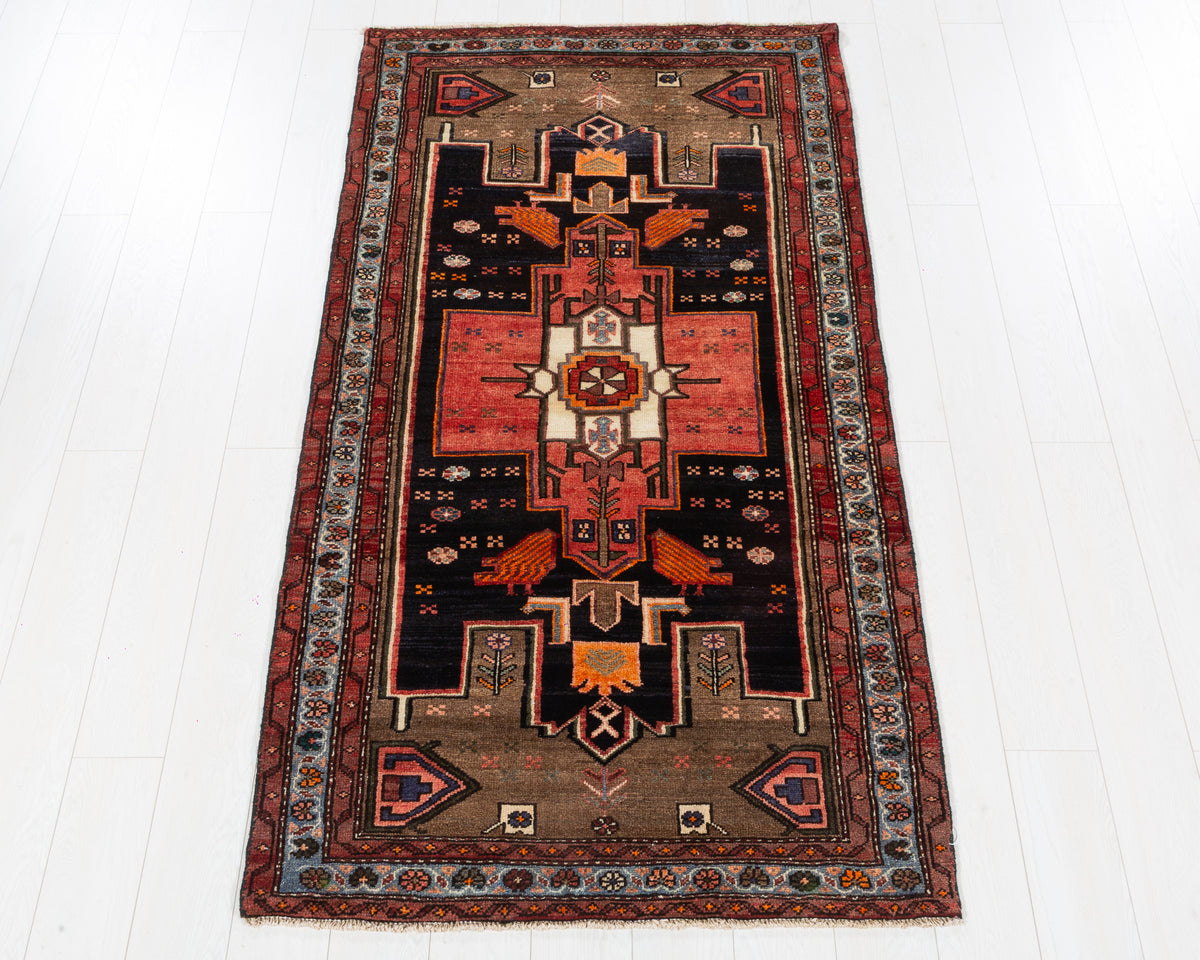 Rare Vintage Lori Deep Navy Blue, Red, Light Blue, Brown Pictorial Tribal Area Rug, 4x6 – 6' 9" x 3' 6" (207 x 107 cm), SKU 5553