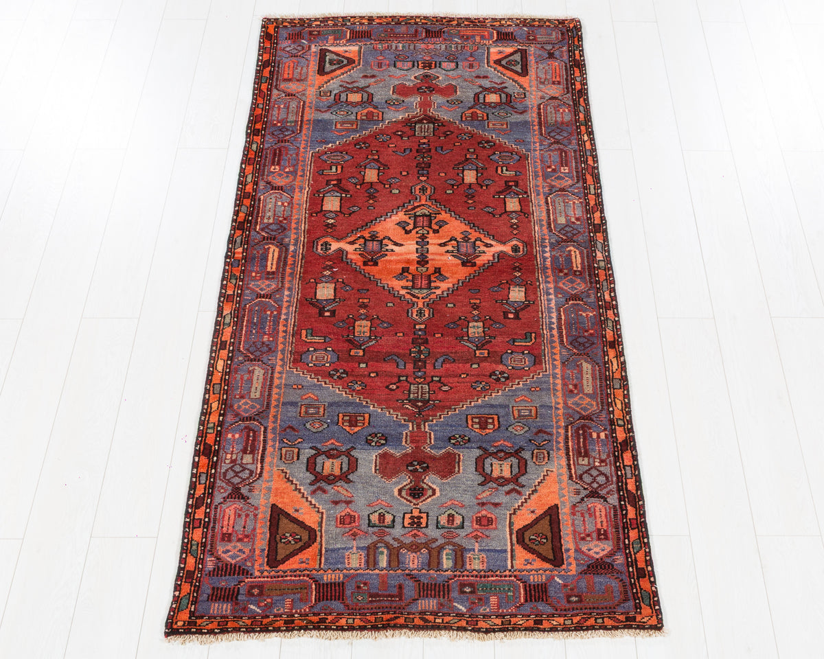 Rare Semi-Antique Zanjan Rust Red, Orange, Light Blue Geometric Medallion Area Rug, 4x6 – 6' 8" x 3' 4" (203 x 102 cm), SKU 5557