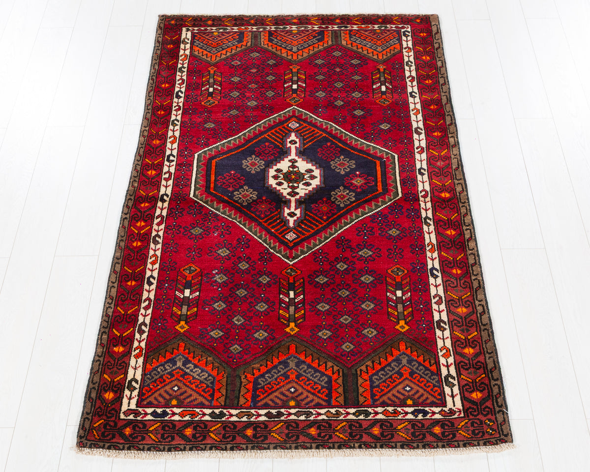 Vintage Zanjan Red, Navy Blue Triple Medallion Geometric Area Rug, 4x6 – 6' 4" x 3' 10" (194 x 118 cm), SKU 5559