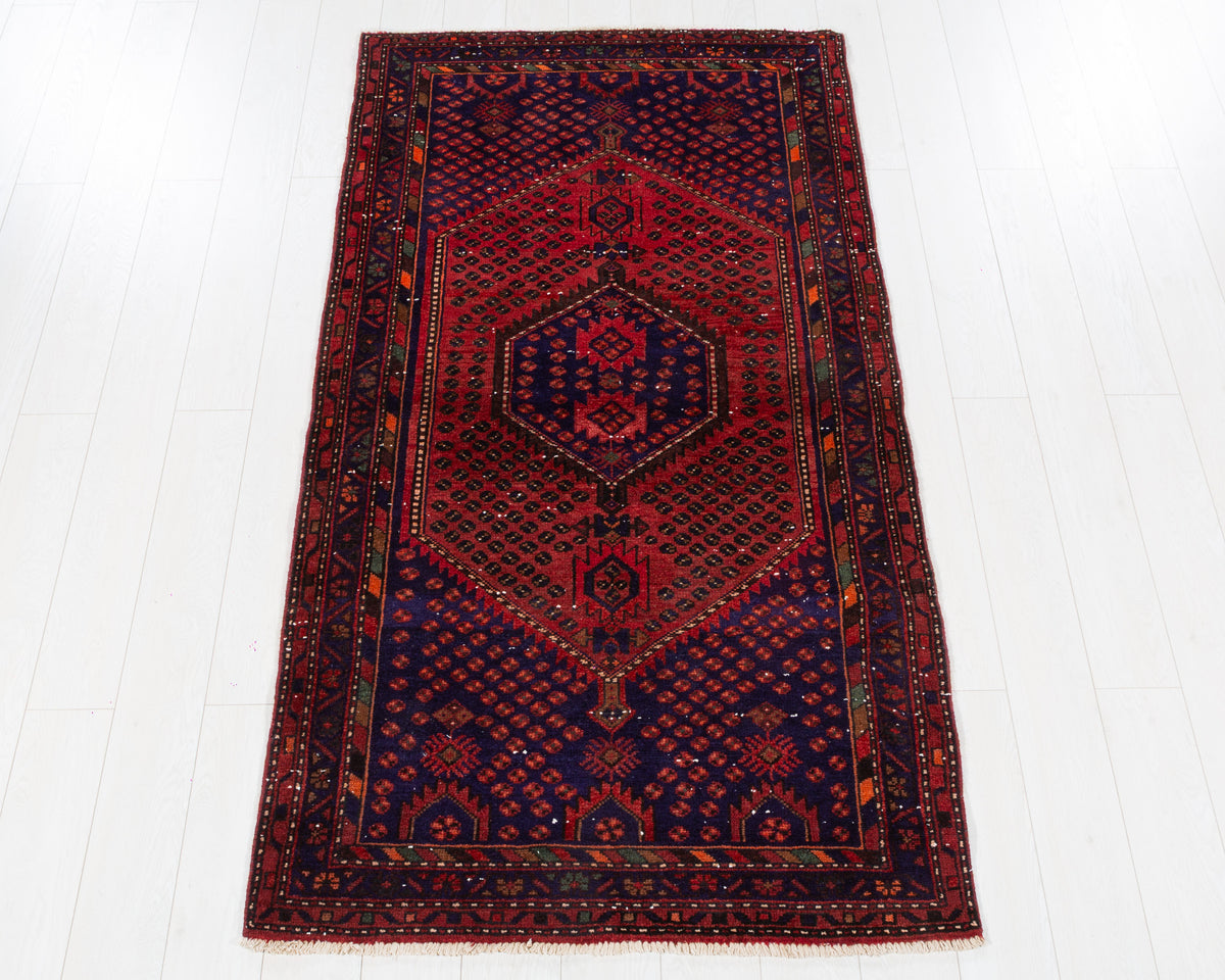 Vintage Zanjan Rust Red, Navy Blue Allover Diamond Geometric Area Rug, 4x6 – 6' 9" x 3' 8" (207 x 111 cm), SKU 5566
