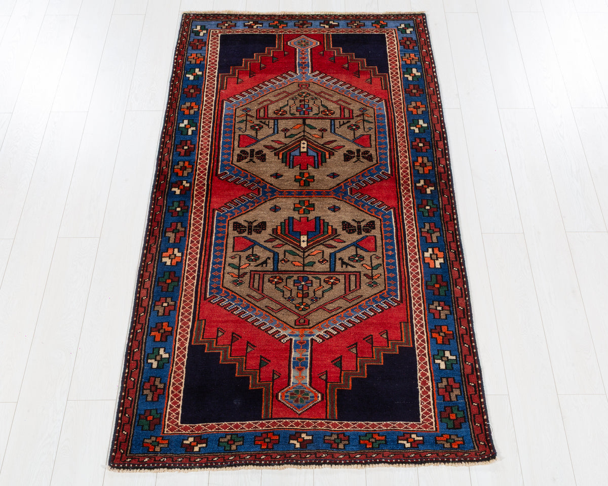 Vintage Tarom Brown, Red, Navy Blue, Blue Double Medallion Geometric Area Rug, 4x6 – 6' 7" x 3' 7" (201 x 108 cm), SKU 5567