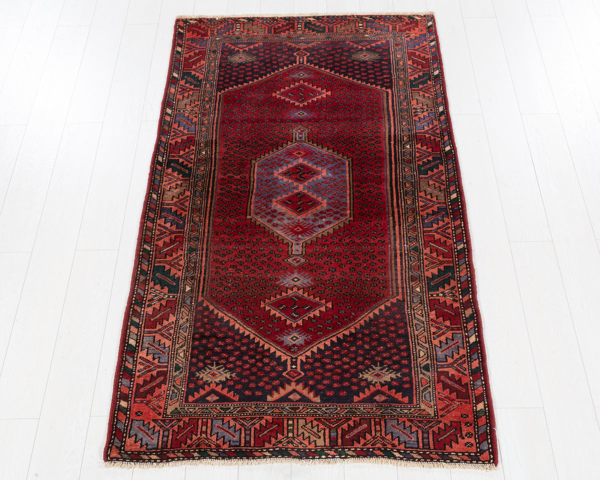 Vintage Zanjan Rust Red, Salmon Pink Triple Diamond Medallion Area Rug, 4x6 – 6' 6" x 3' 8" (198 x 112 cm), SKU 5568