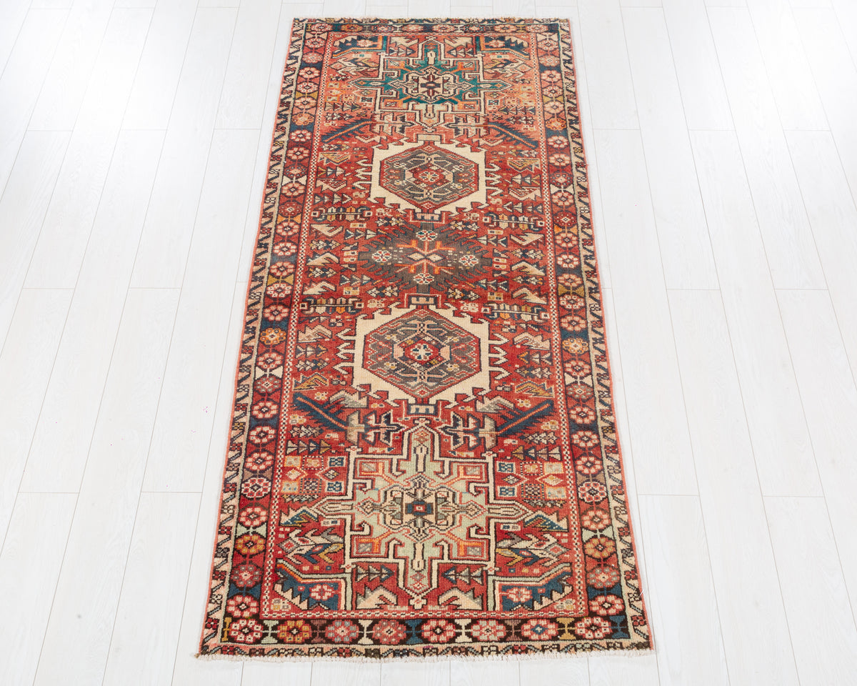 Rare Semi-Antique Heriz Gharajeh Faded Red Triple Medallion Runner Rug, 3x7 – 6' 11" x 3' 1" (211 x 95 cm), SKU 5572