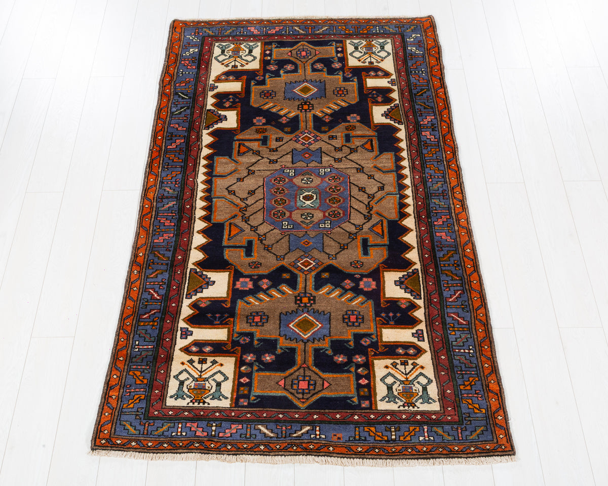 Rare Vintage Tarom Brown, Beige, Navy Blue, Blue Geometric Medallion Area Rug, 4x6 – 6' 5" x 4' 0" (195 x 122 cm), SKU 5577