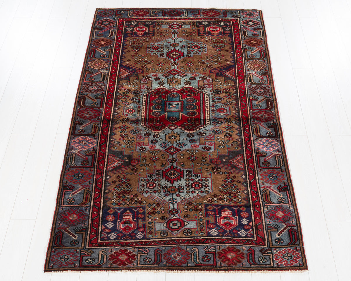 Rare Vintage Tarom Brown, Turquoise Blue Allover Floral Area Rug, 4x6 – 7' 2" x 4' 6" (219 x 136 cm), SKU 5579