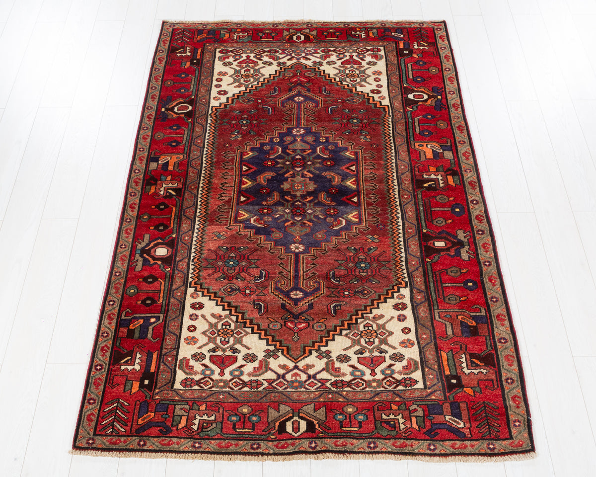 Rare Semi-Antique Zanjan Rust Red, Navy Blue, Beige Central Medallion Area Rug, 4x6 – 6' 9" x 4' 7" (207 x 140 cm), SKU 5583