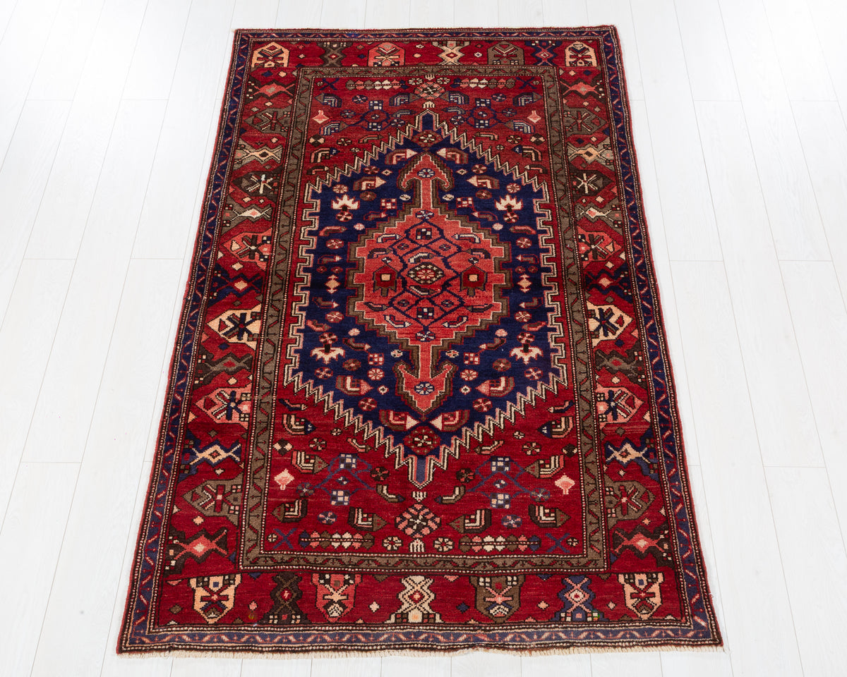 Rare Vintage Zanjan Red, Navy Blue Central Medallion Area Rug, 4x6 – 6' 5" x 4' 1" (196 x 124 cm), SKU 5584