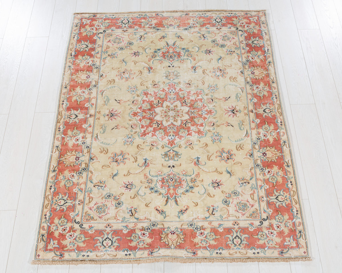 Antique Tabriz Beige, Coral Fine Floral Area Rug, 4x6 – 5' 6" x 4' 2" (168 x 128 cm), SKU 5587