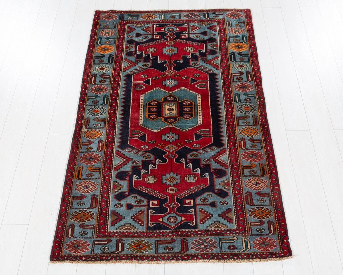 Rare Vintage Tarom Navy Blue, Red, Turquoise Geometric Medallion Area Rug, 4x6 – 6' 7" x 3' 11" (200 x 120 cm), SKU 5588