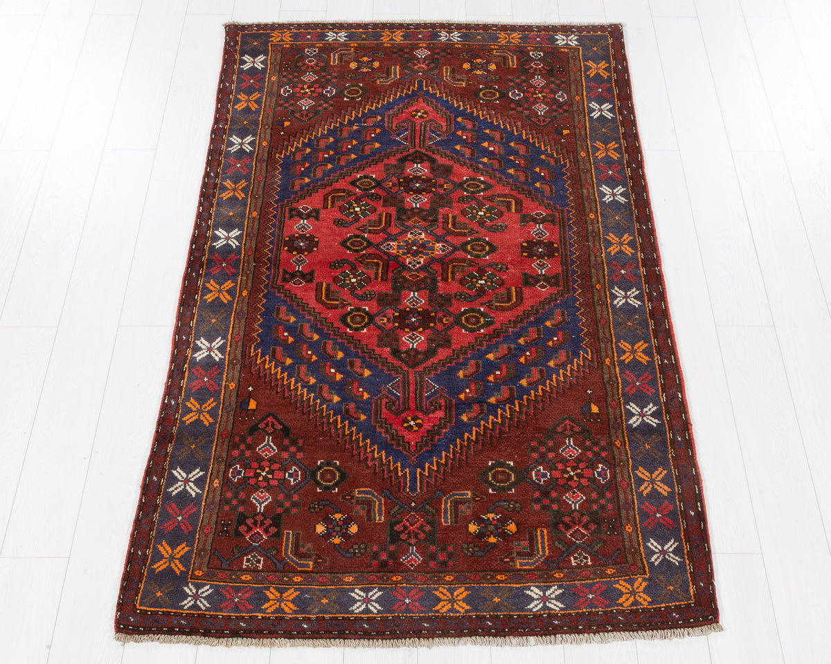 Vintage Zanjan Rust Red, Navy Blue, Coral Geometric Medallion Area Rug, 4x6 – 6' 4" x 3' 11" (193 x 120 cm), SKU 5589