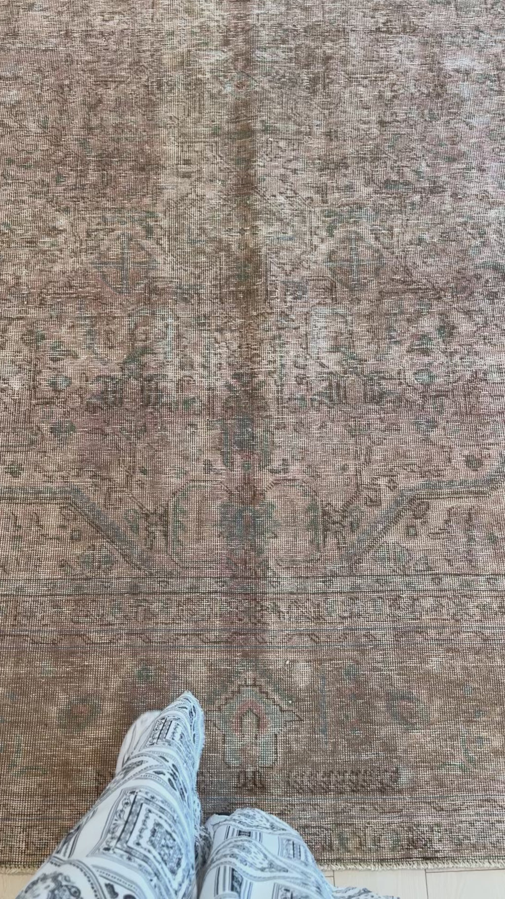 Close-up of Hand-Knotted Antique Persian 9x12 Faded Neutral Large Area Rug highlighting intricate faded patterns and rustic color palette.
