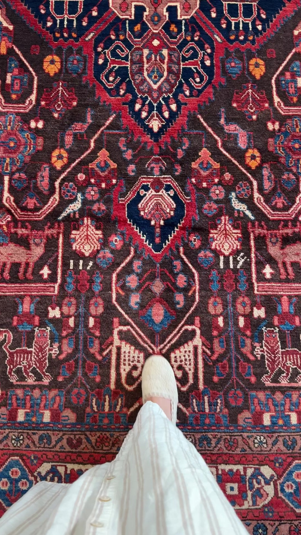 Close-up of Hand-Knotted Vintage Wool Area Rug 11' 7" x 5' 8" showing detailed animal motifs and deep red and blue hues underfoot.