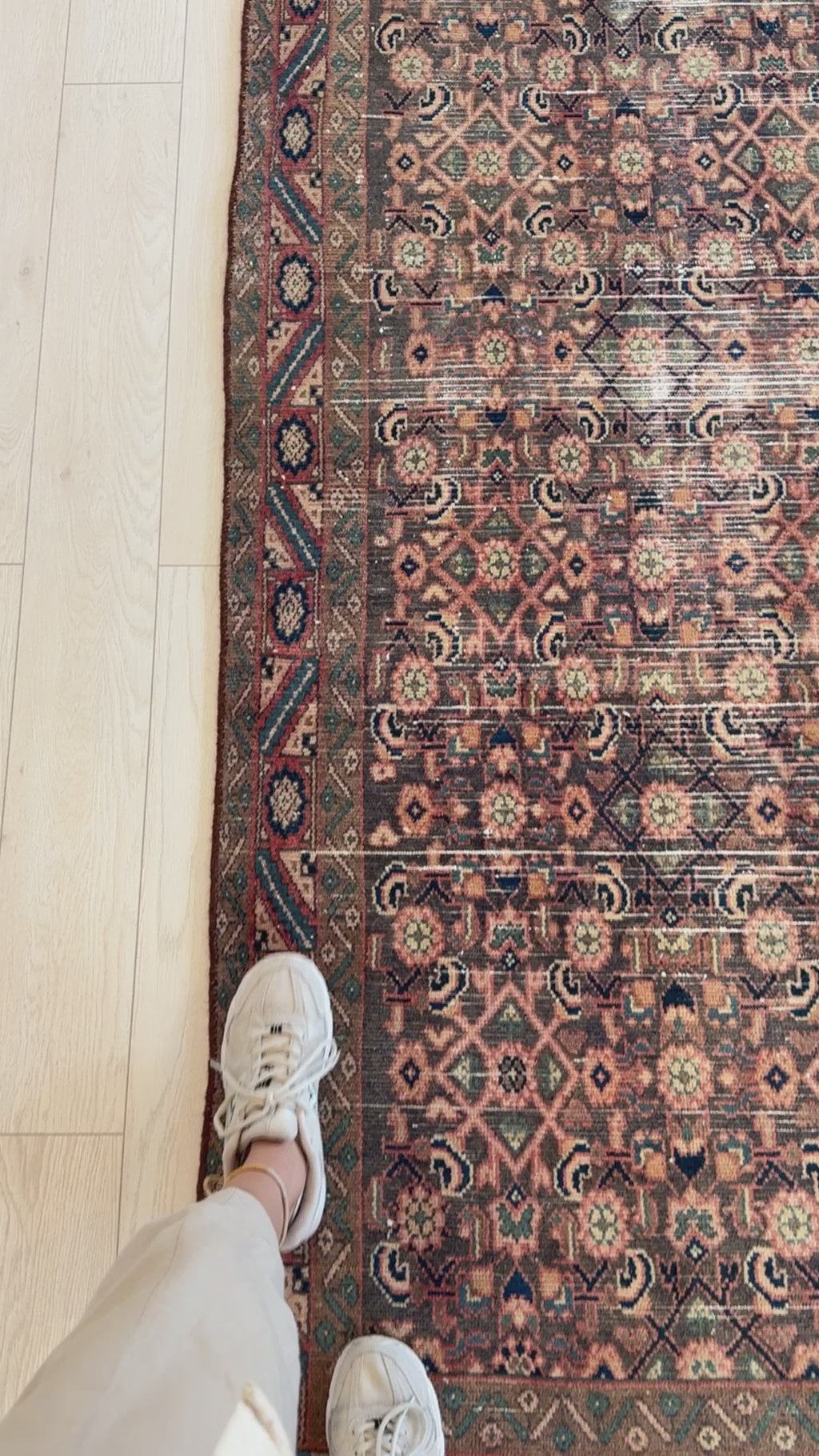 Close-up of Hand-Knotted Antique Wool Runner Rug – 9' 1" x 3' 2" with foot for scale, emphasizing the fine wool texture and traditional motifs.