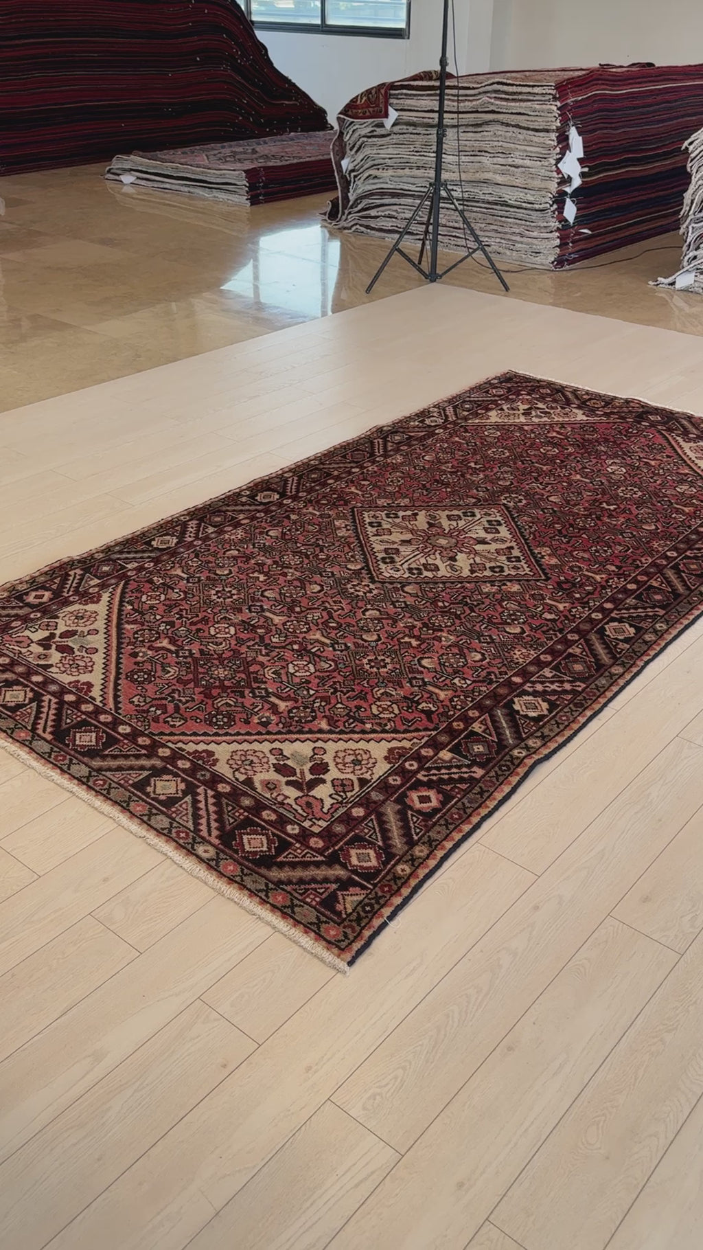 Vintage wool area rug 9' 10" x 5' 1" laid on light wood flooring, featuring a central medallion and detailed border in earthy red and brown hues.