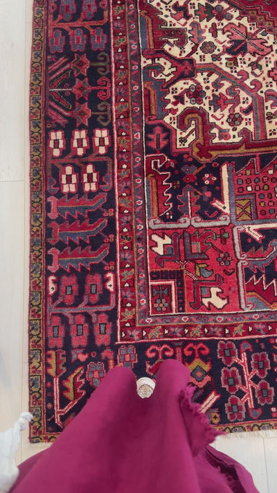 Close-up of border design on Hand-Knotted Antique Red Persian Large Heriz Area Rug 11x13 featuring traditional motifs in deep red and blue hues.