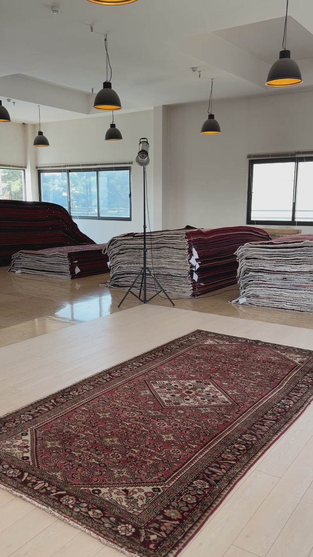 Vintage wool area rug in showroom setting, highlighting the 10' 3" x 5' 5" hand-knotted craftsmanship and traditional Persian motifs.