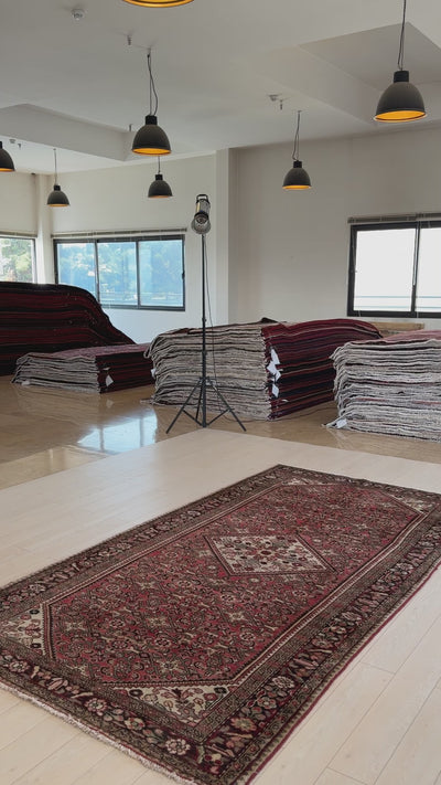 Vintage wool area rug in showroom setting, highlighting the 10' 3" x 5' 5" hand-knotted craftsmanship and traditional Persian motifs.