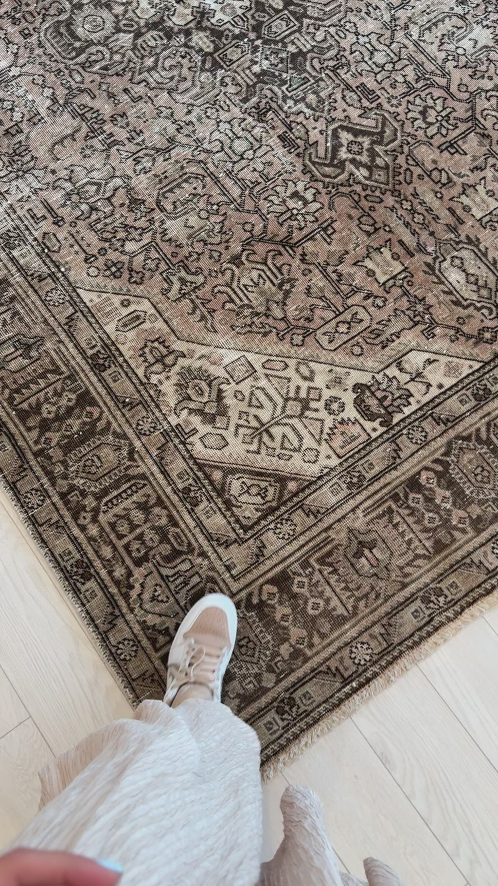 Corner view of the hand-knotted antique Persian 6x9 faded neutral area rug with intricate border details and soft wool texture.