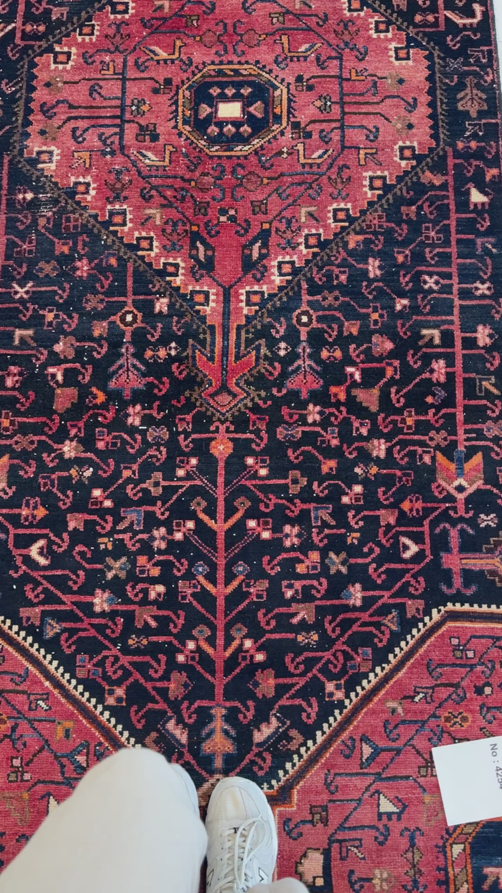 Detailed view of central medallion and symmetrical patterns on Hand-Knotted Vintage Wool Runner Rug – 9' 2" x 3' 4", perfect for vintage interiors.