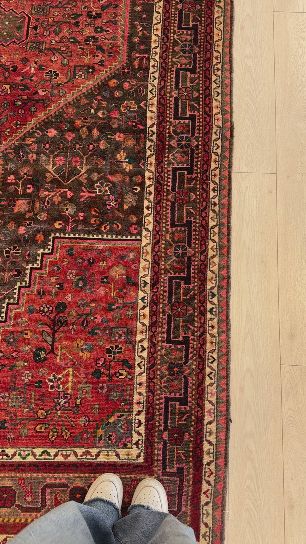 Close-up of border design on Hand-Knotted Vintage 5x11 Persian Hamadan Toiserkan Red Tribal Rug, highlighting intricate wool weave and floral patterns.