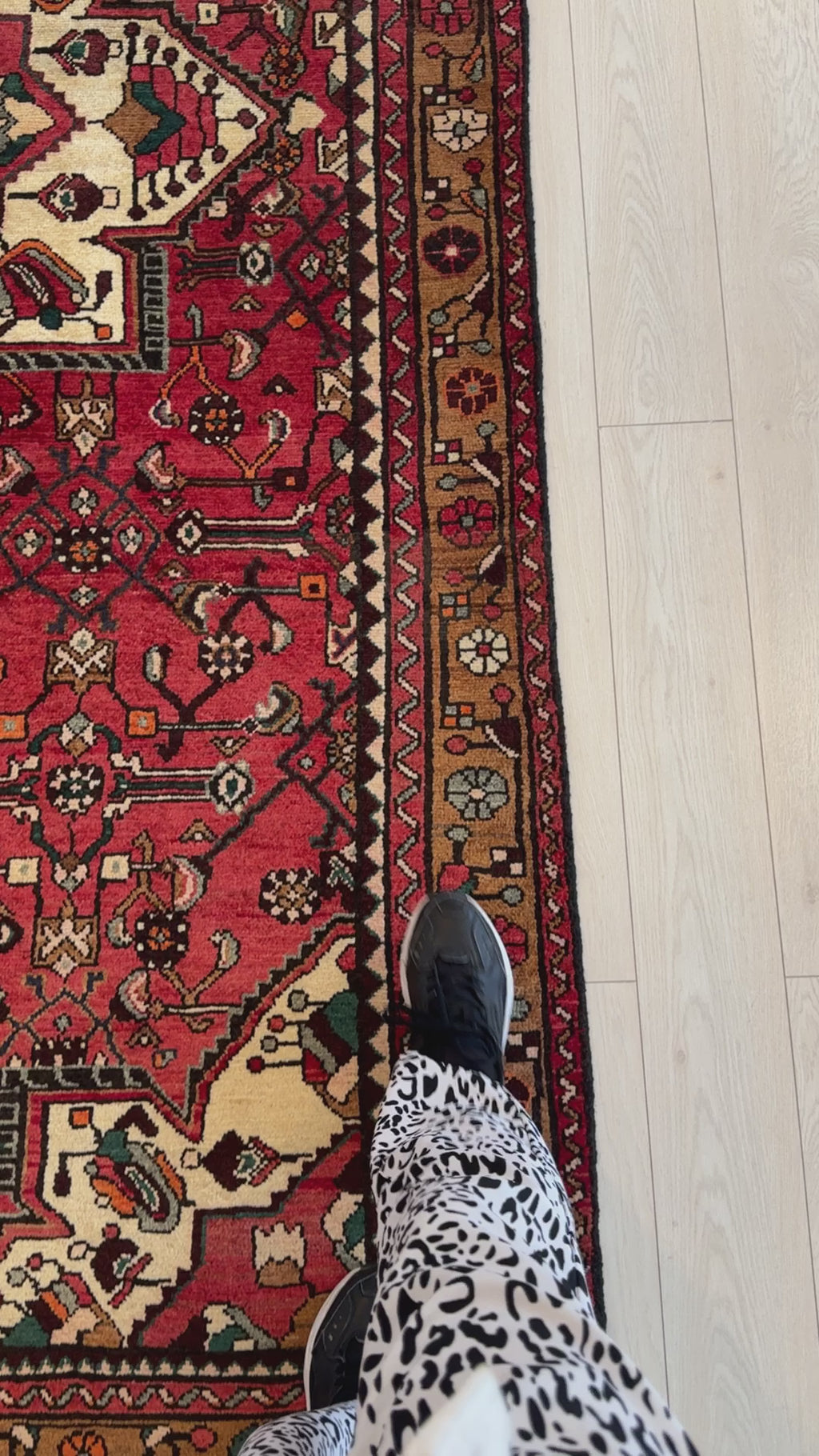 Close-up of foot on Hand-Knotted Vintage Wool Area Rug – 9' 10" x 5' 4" showing detailed border and red floral motifs.