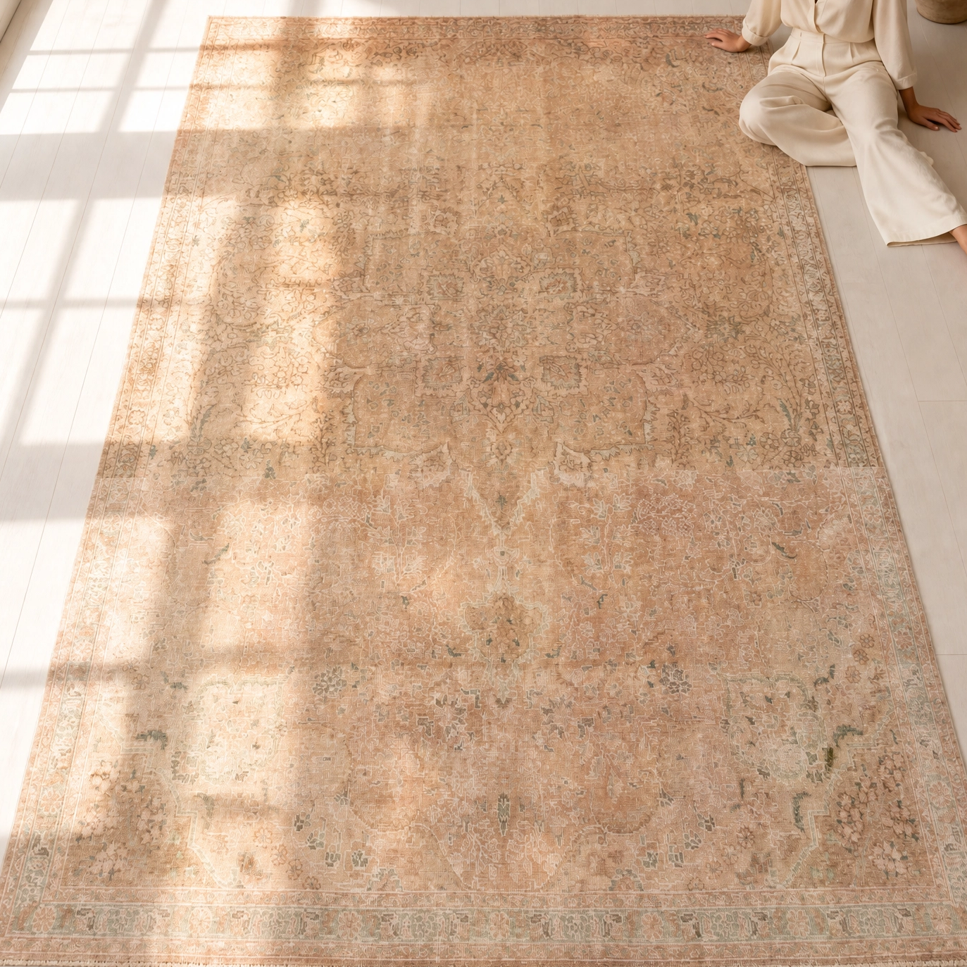 Hand-Knotted Vintage Large Wool Area Rug Faded – 10' 7" x 7' 5" (322 x 226 cm) - Yasi & Fara