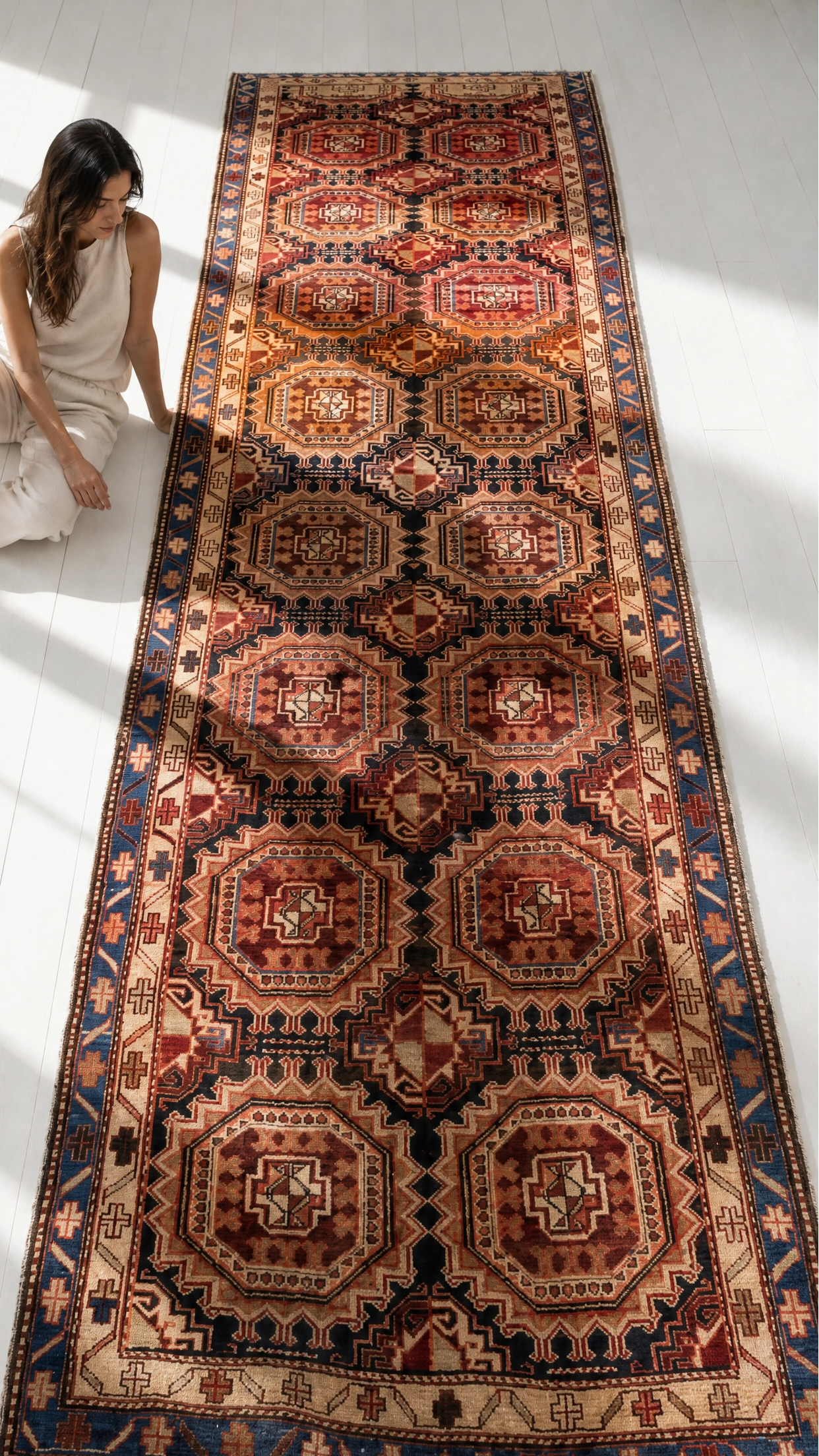 Hand-Knotted Vintage Wool Runner Rug – 14' x 4' 4" (427 x 133 cm) - Yasi & Fara