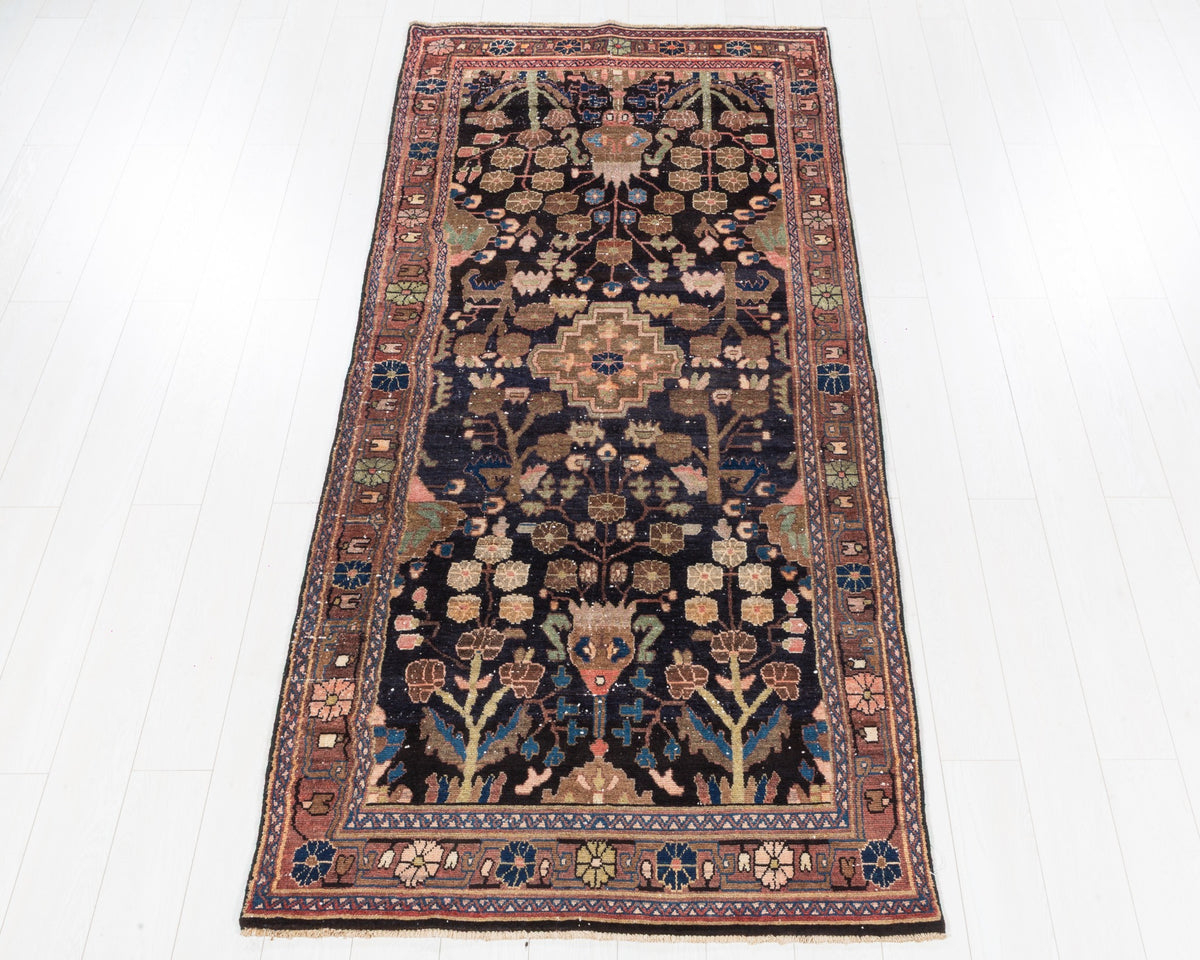 Antique Malayer wool rug in deep navy blue and rust red with floral medallion design, 4x9, SKU 5119