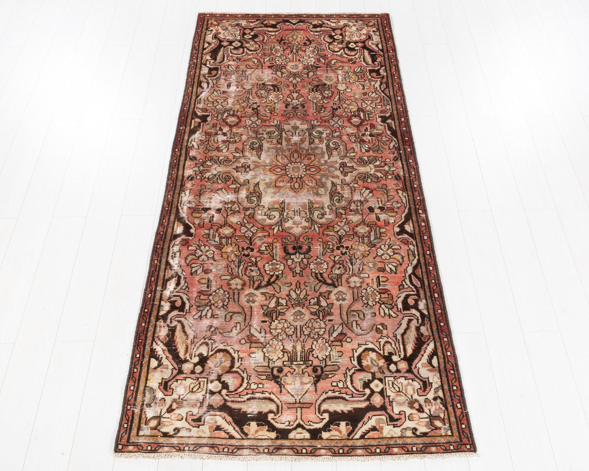 Antique Hamadan Borchalou wool rug in faded red with allover floral design, 4x8, SKU 5122
