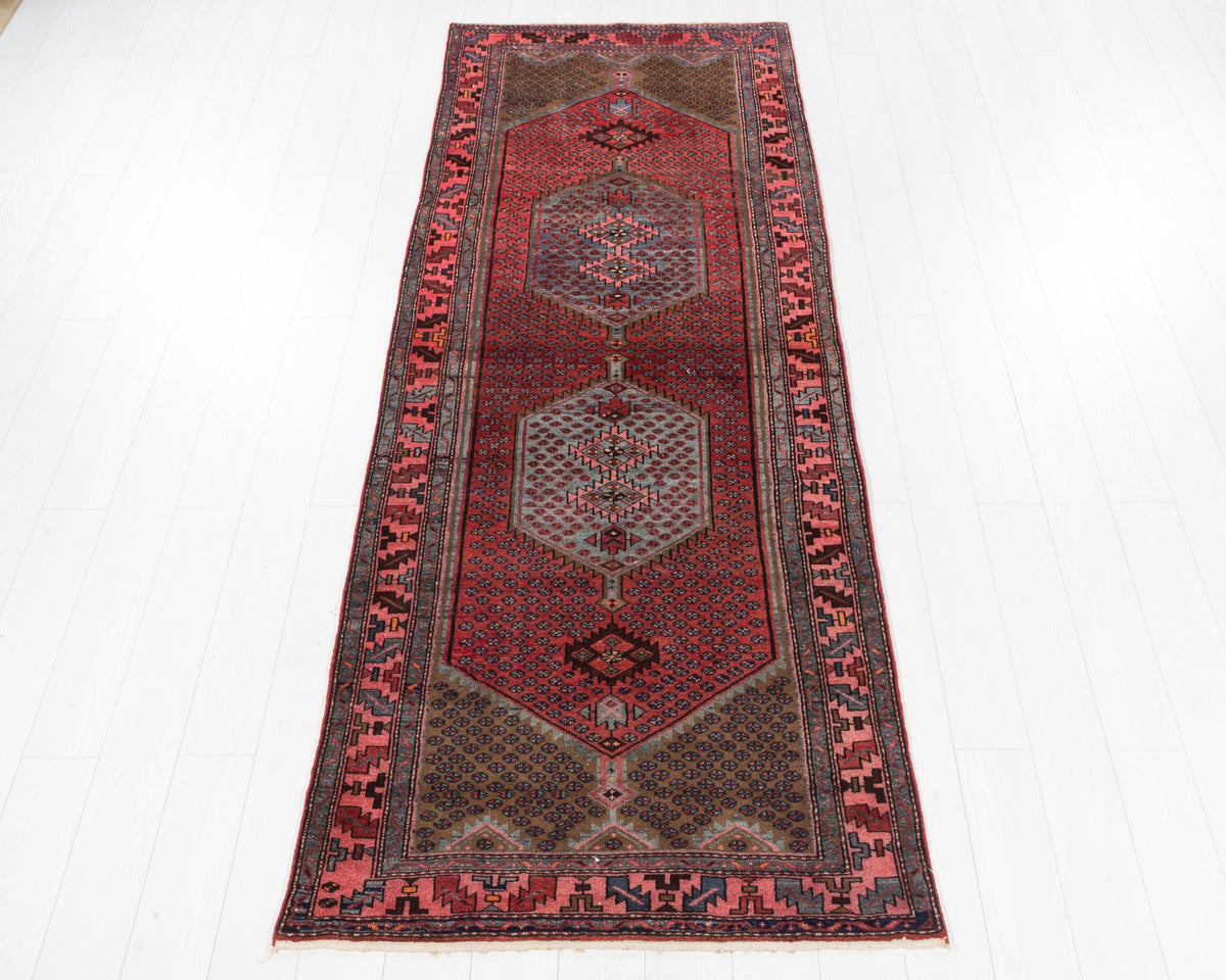 Rare vintage Zanjan wool runner in coral, pink and light blue with double geometric medallions, 4x10, SKU 5123