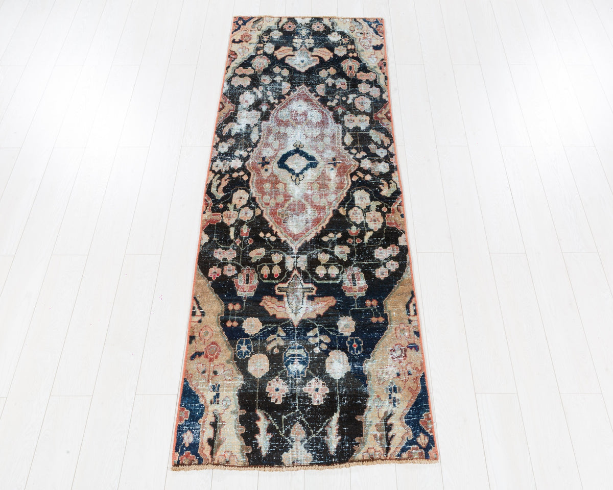 Antique Malayer distressed wool runner in faded black, blush and beige with floral medallion, 3x8, SKU 5132